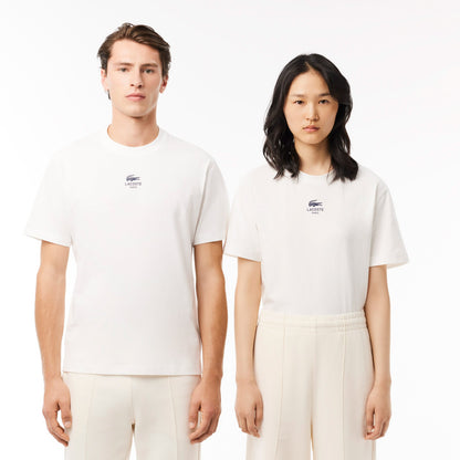 Lacoste Signature Unisex Classic Fit Bisiklet Yaka Baskılı Beyaz T-shirt