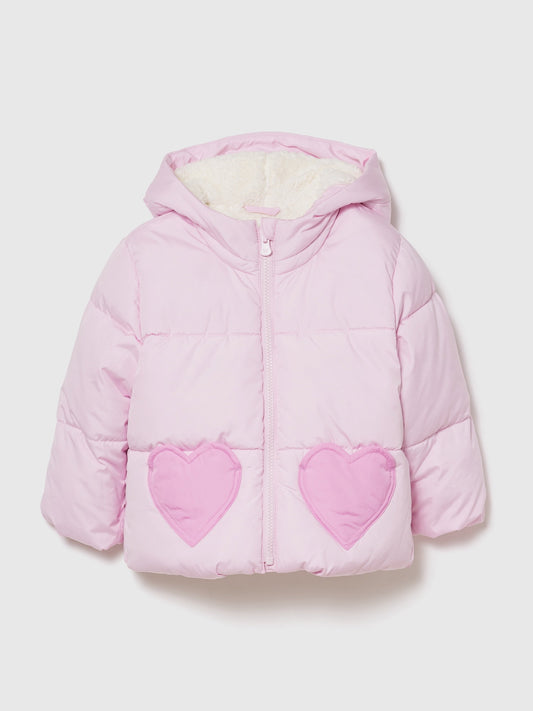 Pembe Kalp Desenli Şişme Puffer Mont