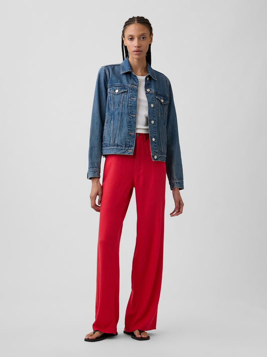 Kırmızı High Rise Keten Karışımı Wide-leg Pantolon