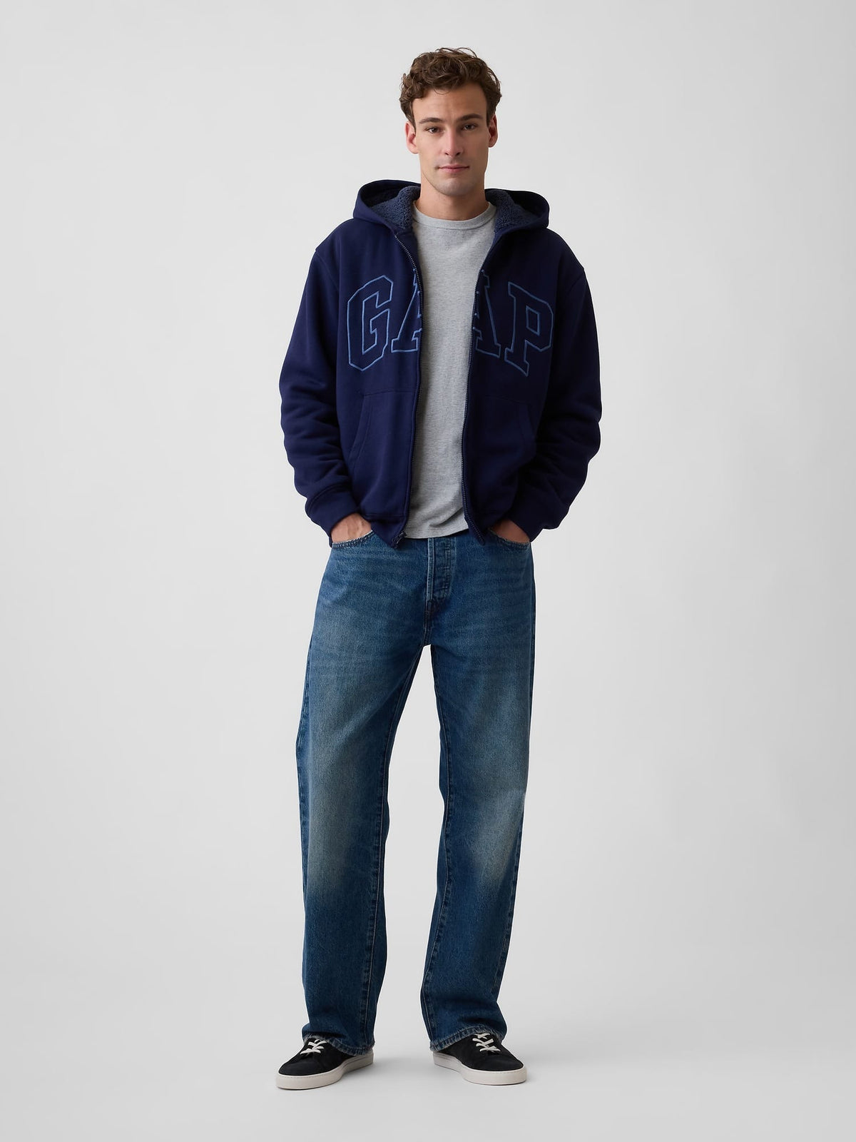 Siyah Relaxed Gap Logo Sherpa Astarlı Fermuarlı Sweatshirt