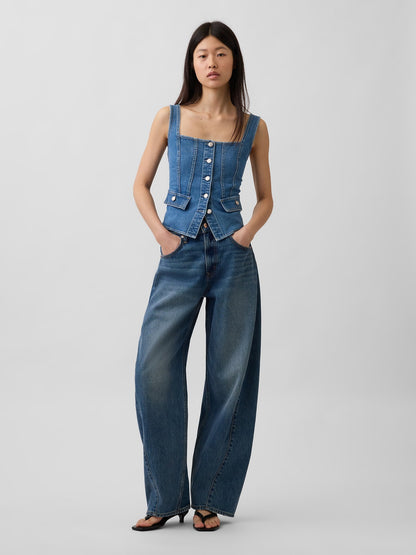 Açık Mavi Denim Cepli Korse Bluz