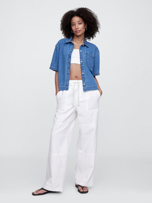 Beyaz Pull-on Wide Leg Jean Pantolon