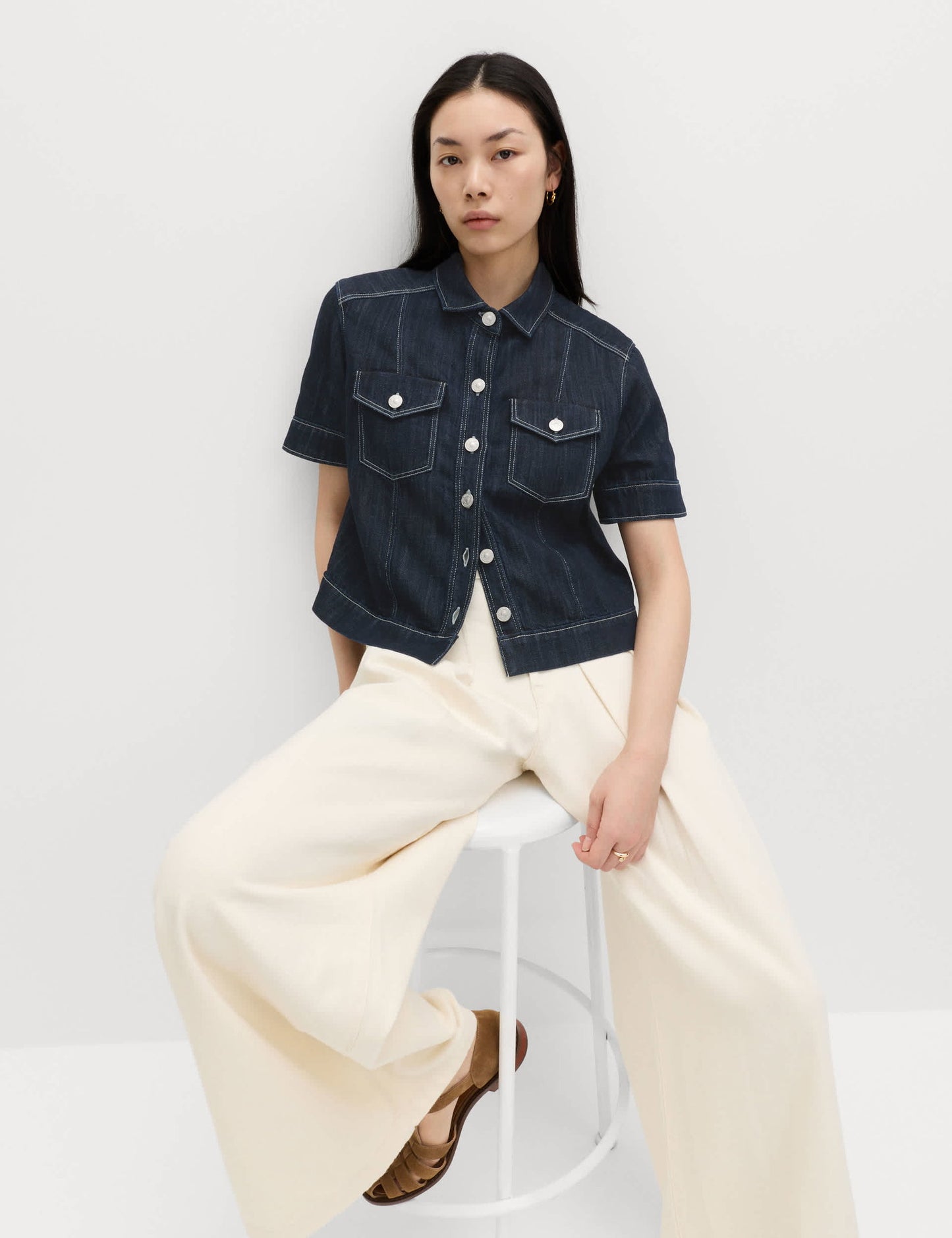 Pamuk Karışımlı Denim Utility Kısa Kollu Gömlek
