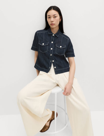 Pamuk Karışımlı Denim Utility Kısa Kollu Gömlek