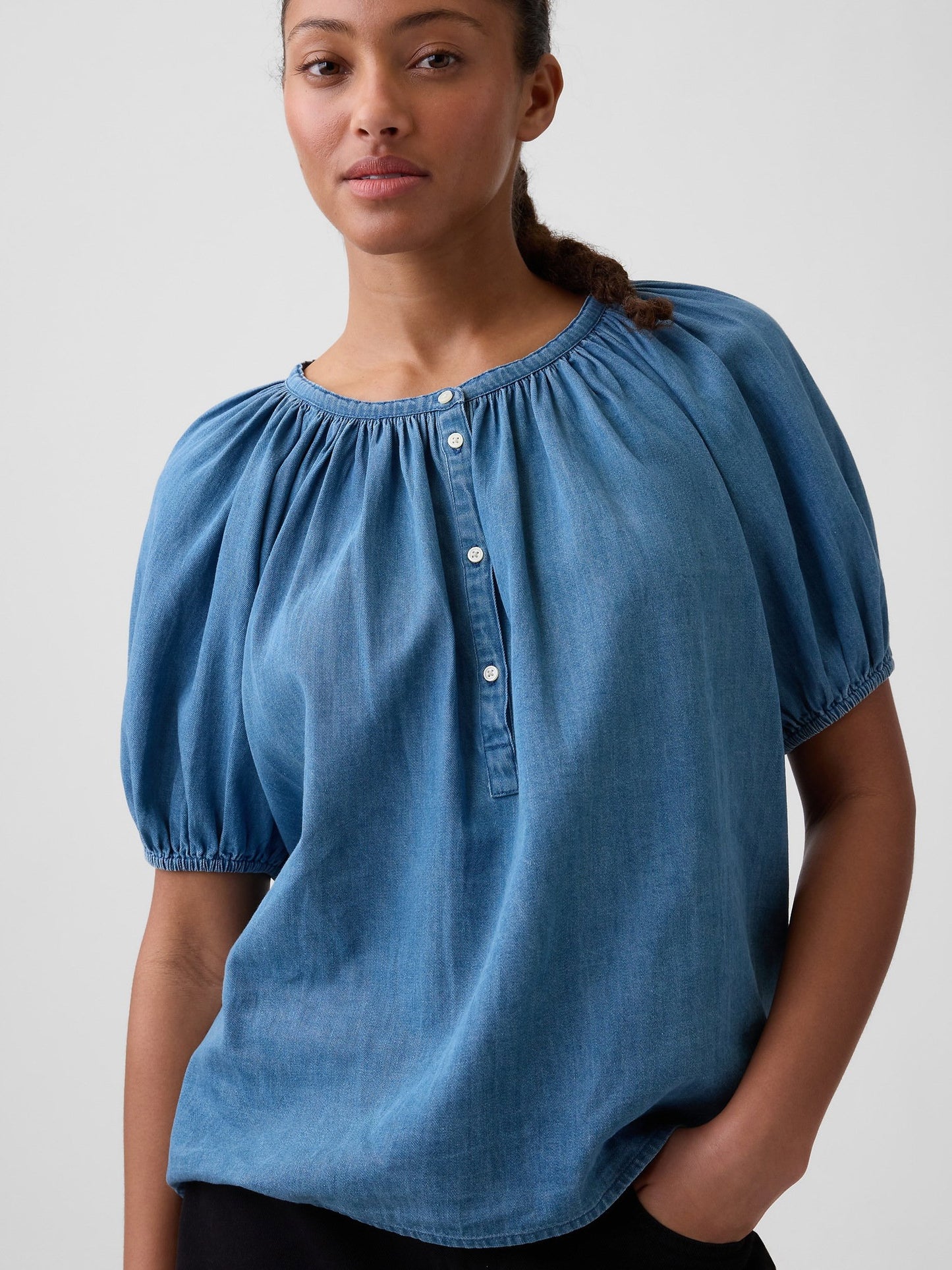 Mavi Oversized Puff Sleeve Üst