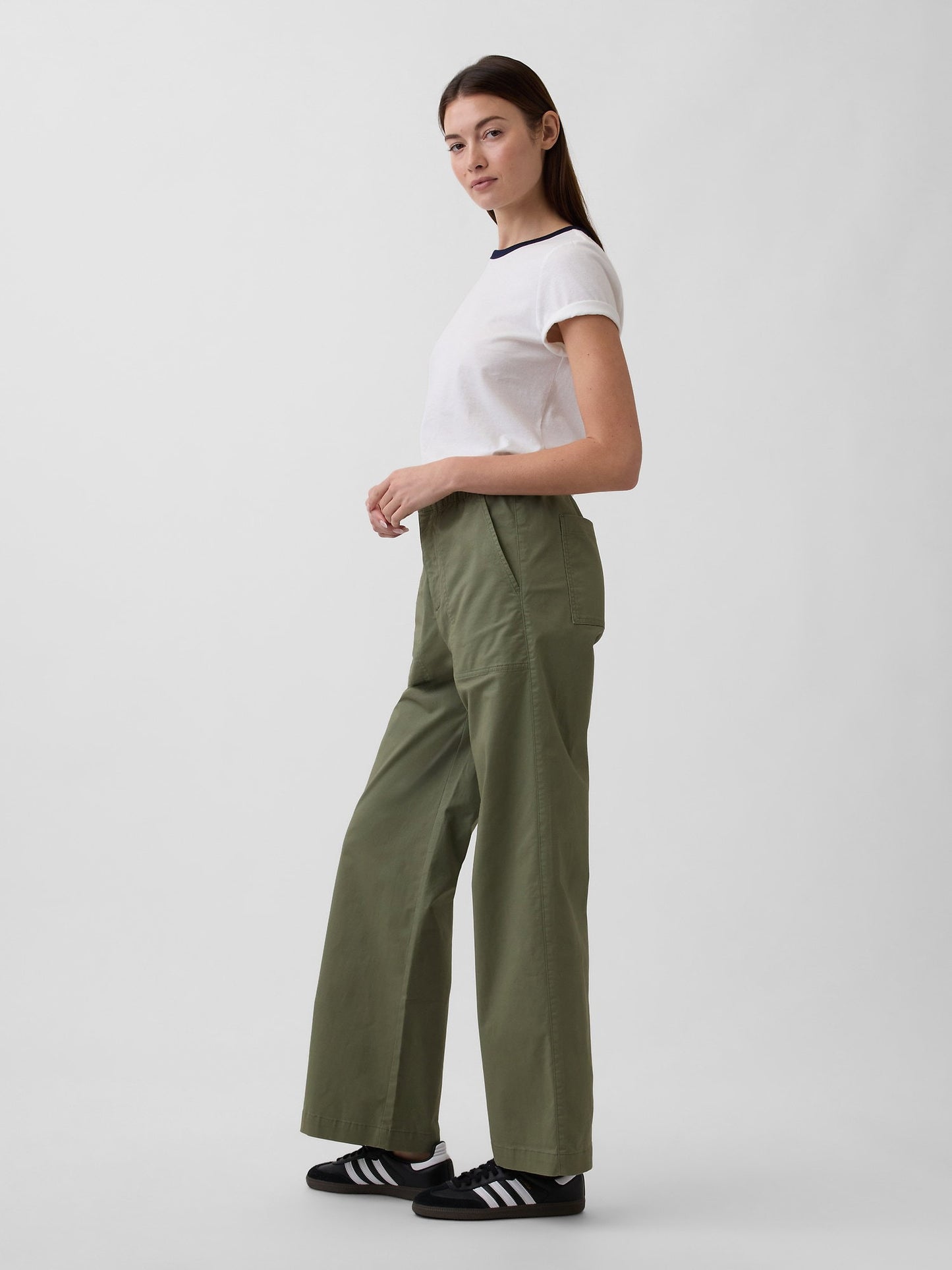 Haki High Rise Baskılı Easy Wide-leg Khaki Pantolon
