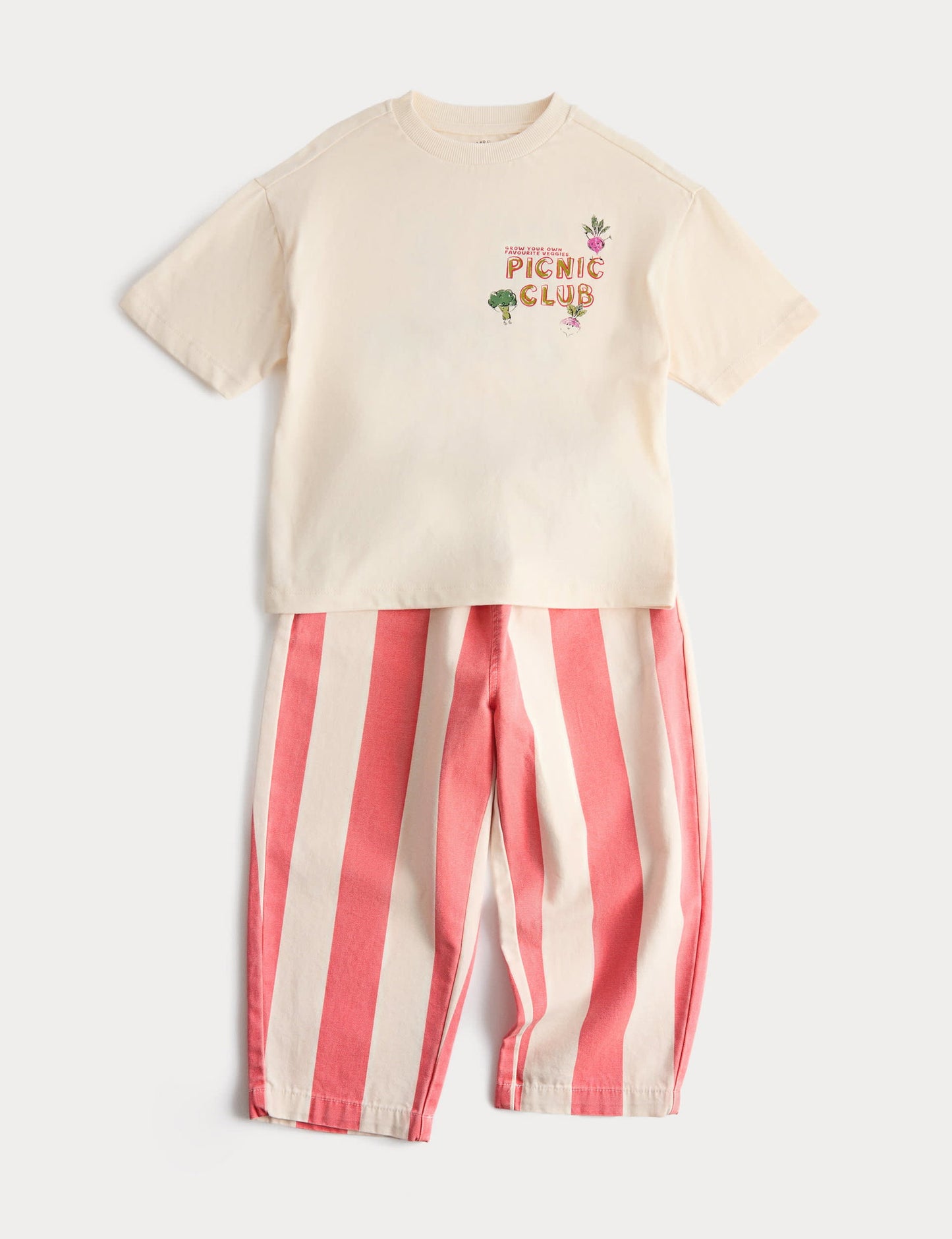 2'li Saf Pamuk T-shirt Ve Çizgili Pantolon Takımı (2-8 Yaş)