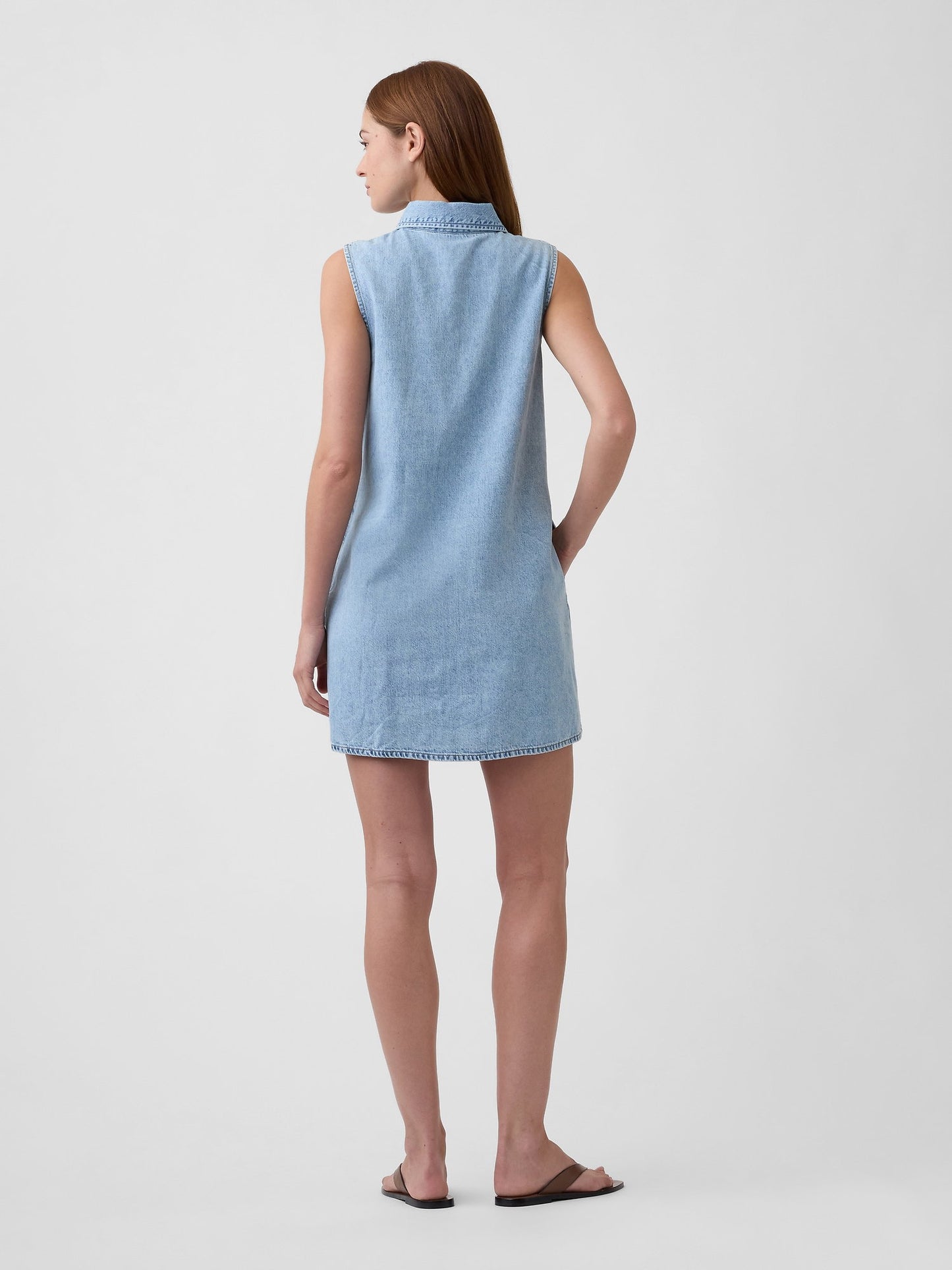 Açık Mavi Kolsuz Yaka Detaylı Denim Mini Elbise