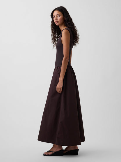 Kahverengi Mixed Media Drop-waist Maxi Elbise