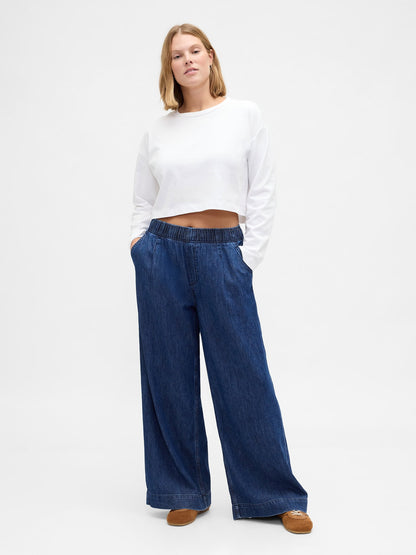 Koyu Mavi Mid Rise Ultrasoft Pileli Baggy Jean Pantolon