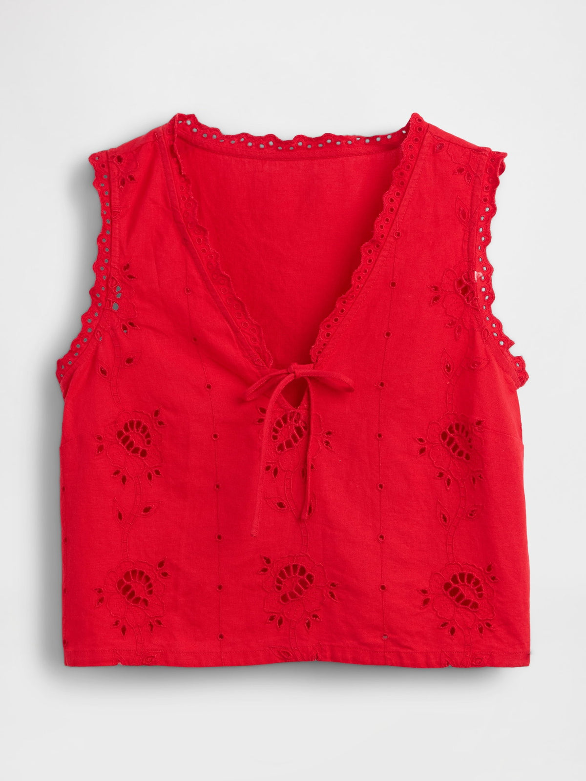 Kırmızı Keten Karışımlı Işlemeli Crop Shell Askılı Bluz