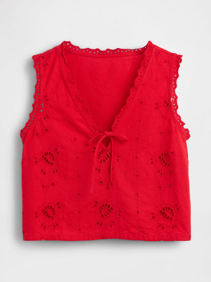 Kırmızı Keten Karışımlı Işlemeli Crop Shell Askılı Bluz