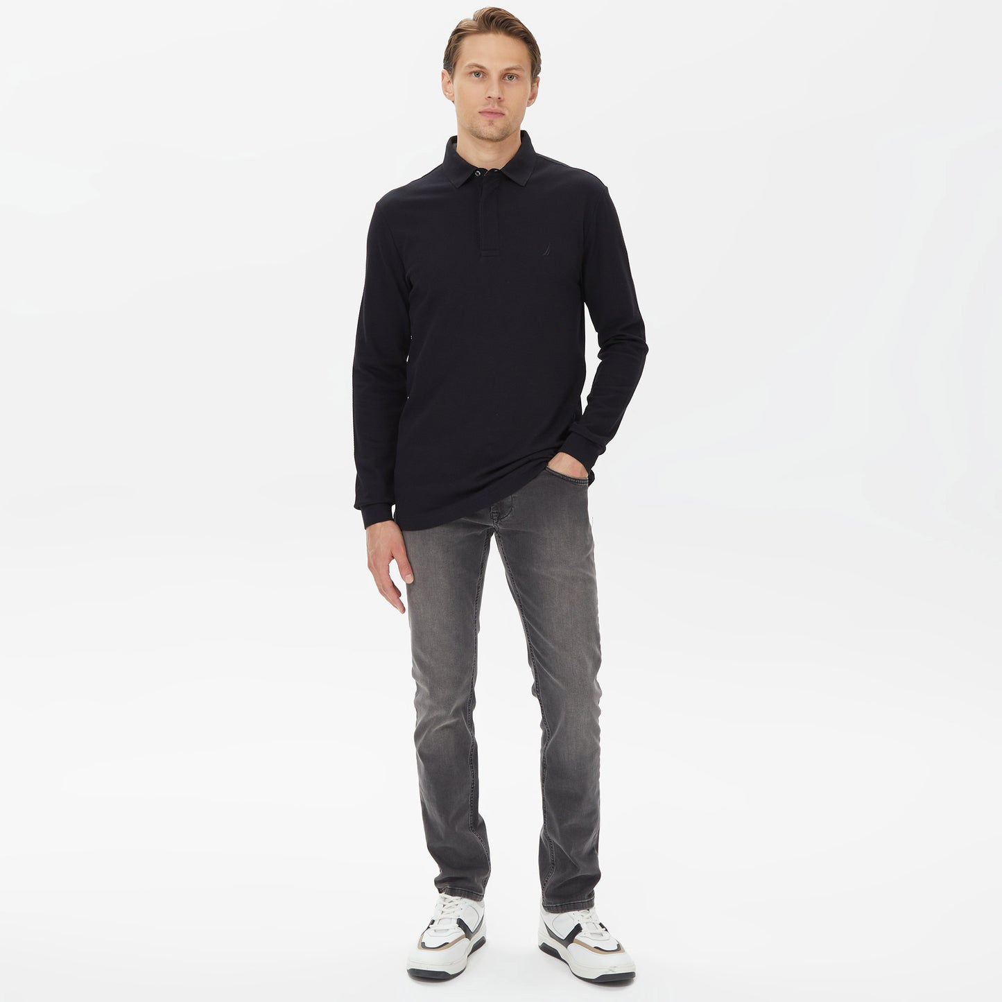 Nautica Erkek Siyah Slim Fit Uzun Kollu Polo Yaka T-shirt