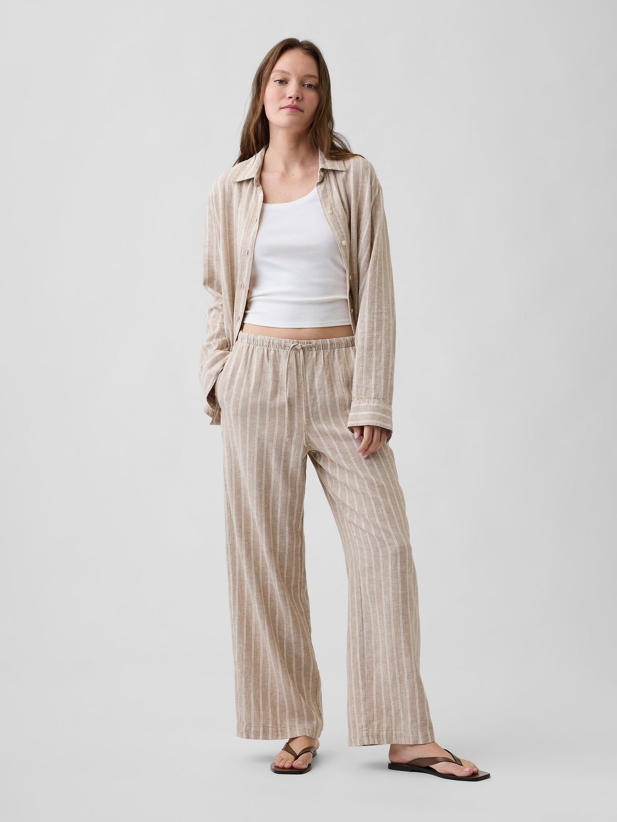 Bej Relaxed Keten Karışımlı Wide-leg Pantolon