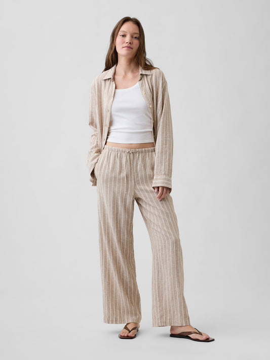 Bej Relaxed Keten Karışımlı Wide-leg Pantolon