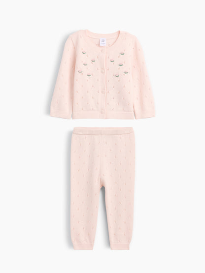 Pembe Işlemeli Pointelle Triko Outfit Set