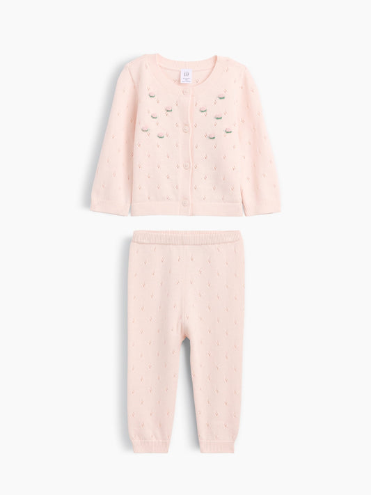 Pembe Işlemeli Pointelle Triko Outfit Set