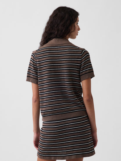 Kahverengi 100% Pamuk Çizgili Polo Triko T-shirt