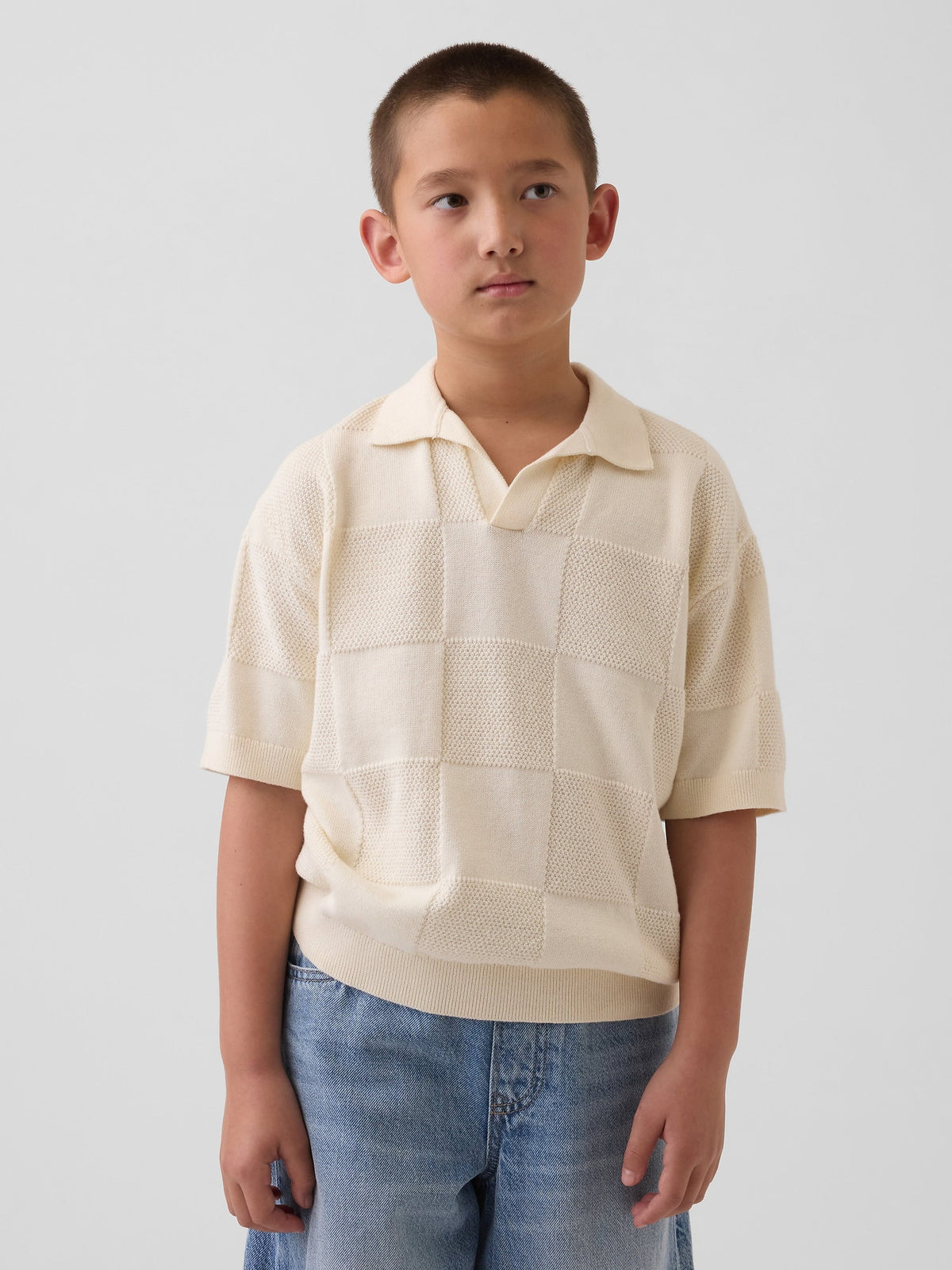 Krem Johnny Yaka Kareli Triko T-shirt