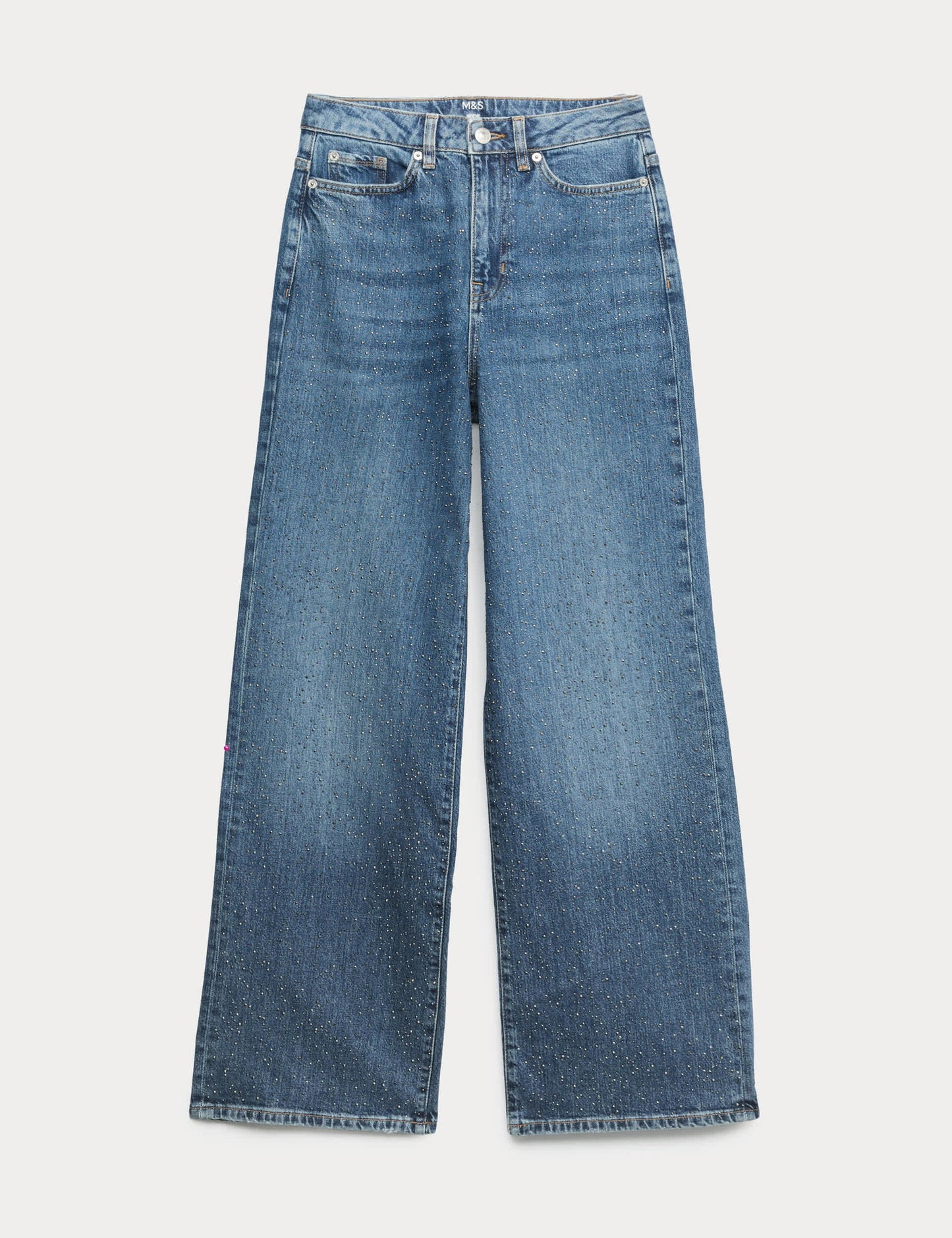 Yüksek Bel Taş Detaylı Geniş Paça Jean