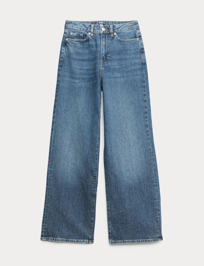 Yüksek Bel Taş Detaylı Geniş Paça Jean