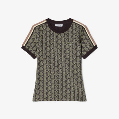 Lacoste Kadın Slim Fit Bisiklet Yaka Monogram Kahverengi T-shirt