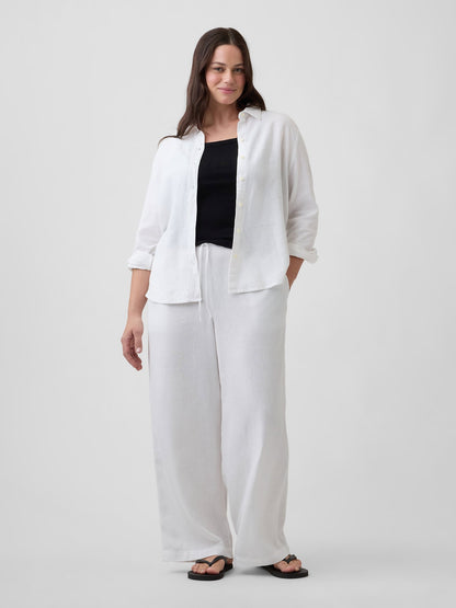 Beyaz Relaxed Keten Karışımlı Wide-leg Pantolon
