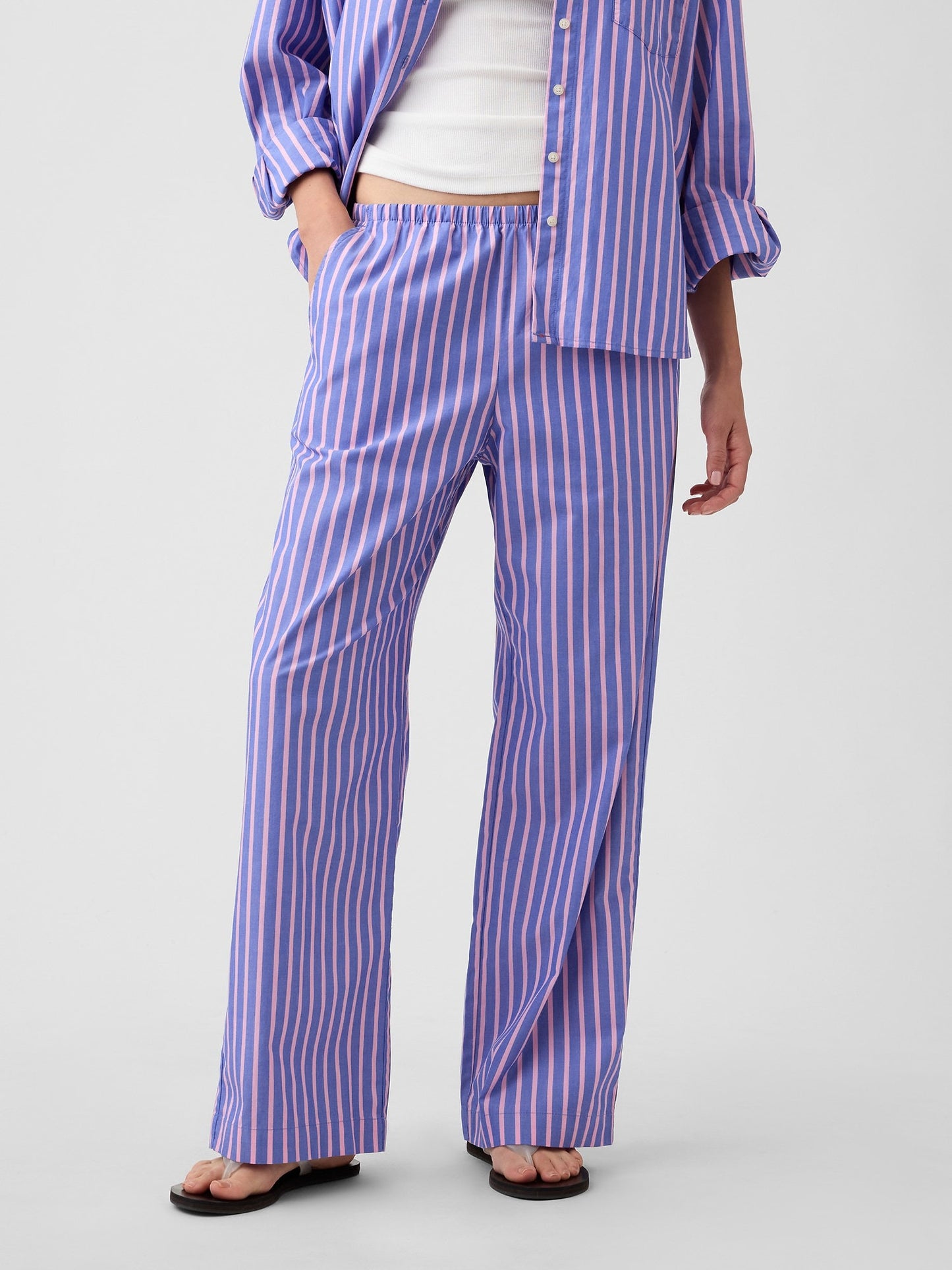 Mavi Mid Rise Pull-on Çizgili Poplin Pantolon