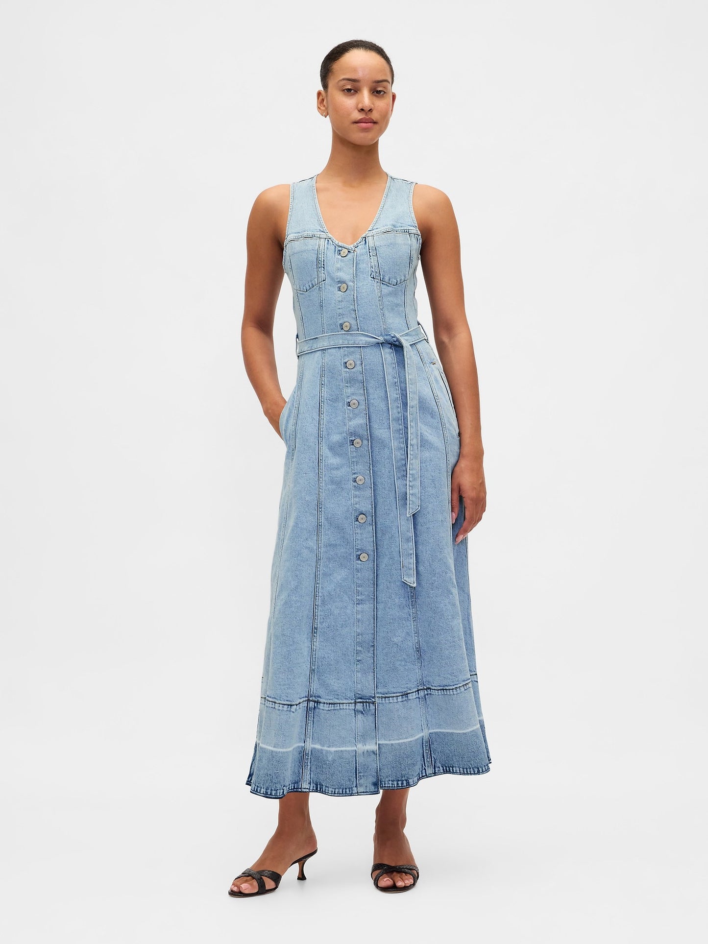 Açık Mavi Denim Kemerli Düğmeli Maxi Elbise
