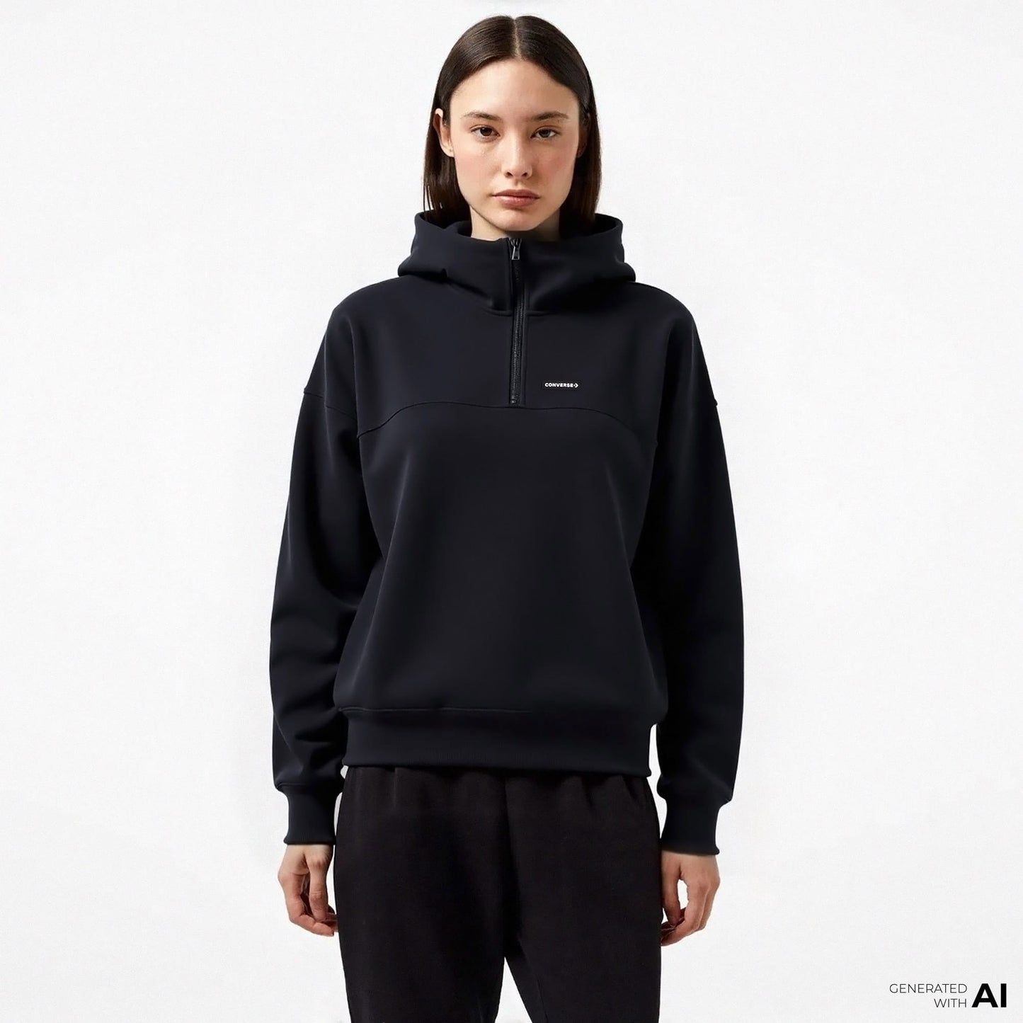 Converse Classic Kadın Siyah Yarım Fermuarlı Hoodie