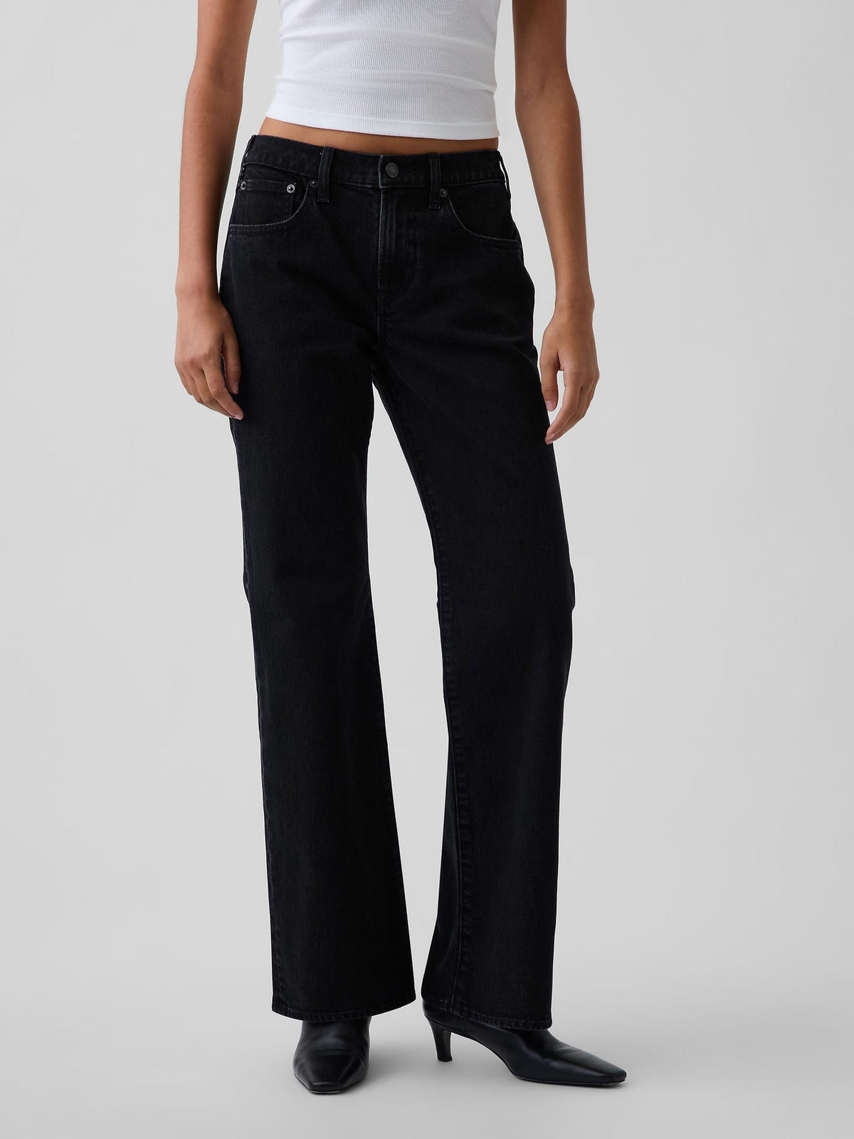Siyah Mid Rise Relaxed Flare Jean Pantolon