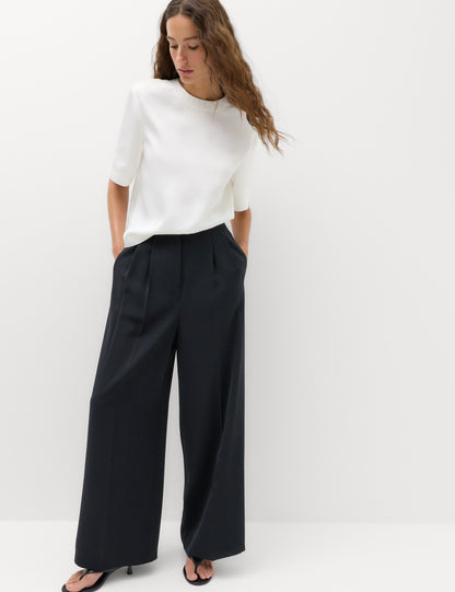 Saf Pamuk Pileli Wide Leg Pantolon