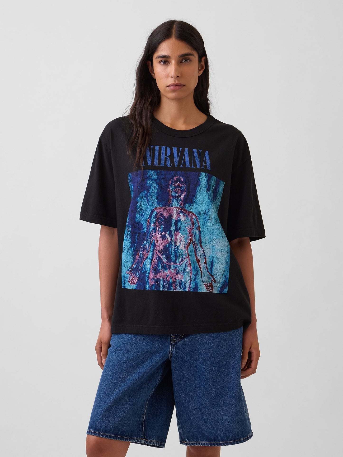 Siyah Nirvana Heavyweight Crop Grafik Baskılı T-shirt
