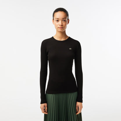 Lacoste Kadın Slim Fit Uzun Kollu Bisiklet Yaka Siyah Tişört