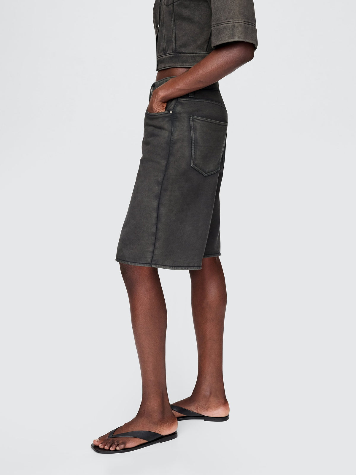 Siyah 11 Mid Rise Fransız Havlu Kumaş Denim Uzun Şort