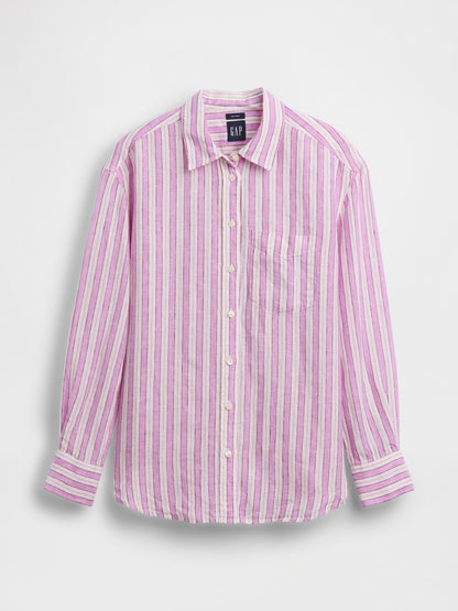 Pembe 100% Keten Oversize Gömlek