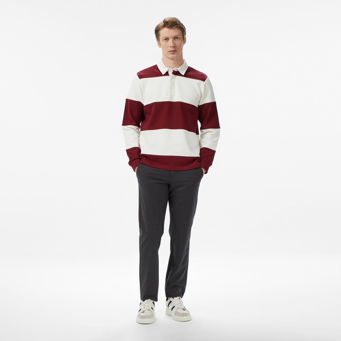 Nautica Erkek Bordo Regular Fit Uzun Kollu Çizgili Polo Yaka T-shirt