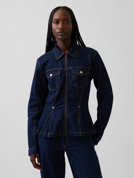Koyu Mavi Denim Fermuarlı Peplum Ceket