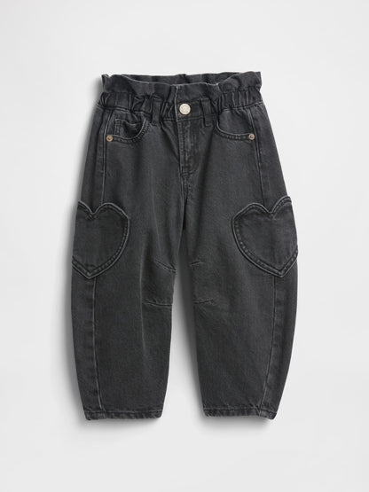 Siyah Paperbag Horseshoe Jean Pantolon