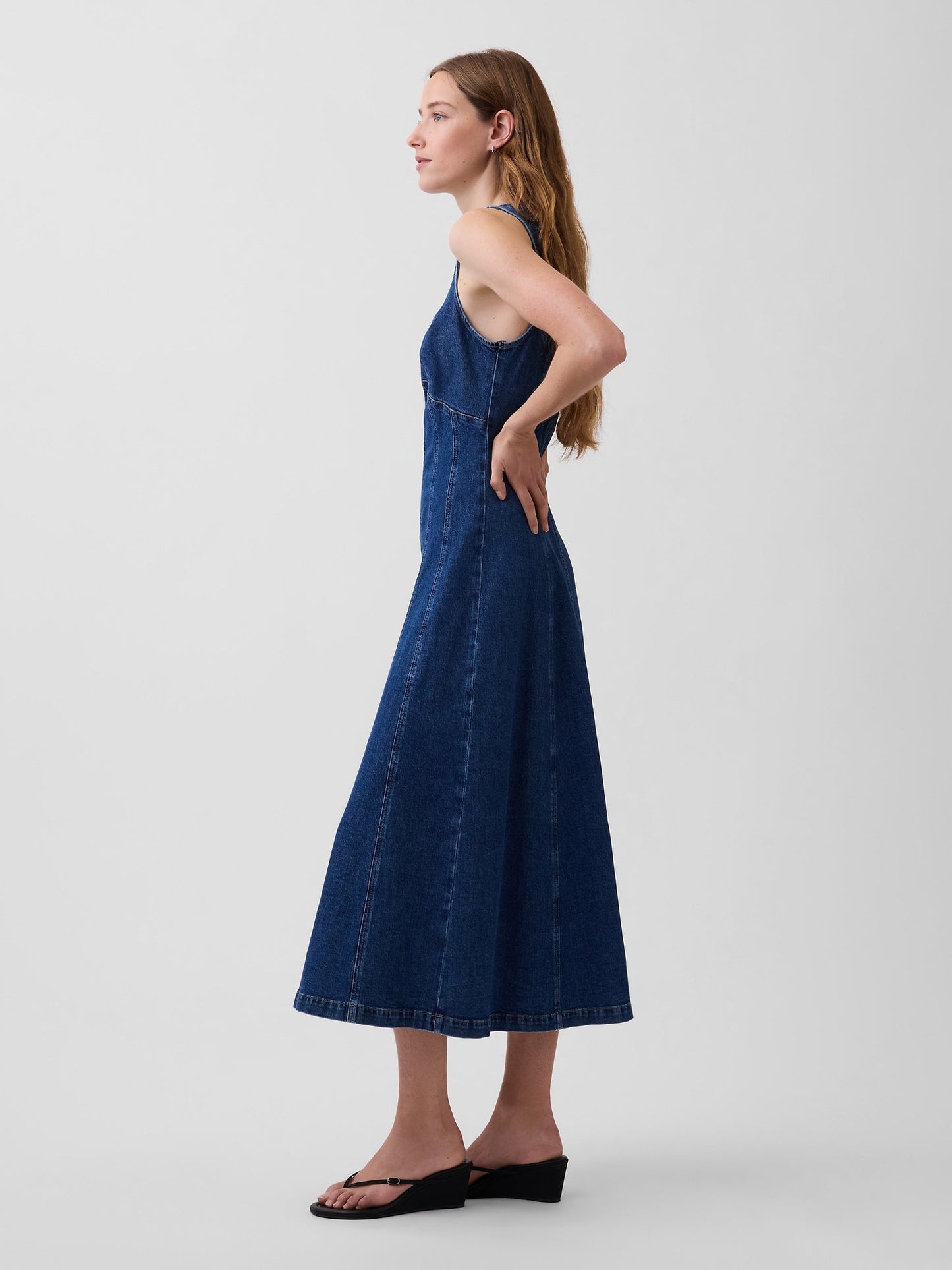 Koyu Mavi Denim Seamed Fermuarlı Midi Elbise