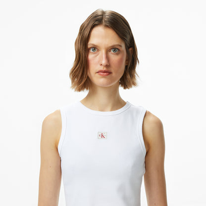 Calvin Klein Woven Label 2x2 Baby Rib Kadın Beyaz Kolsuz T-shirt