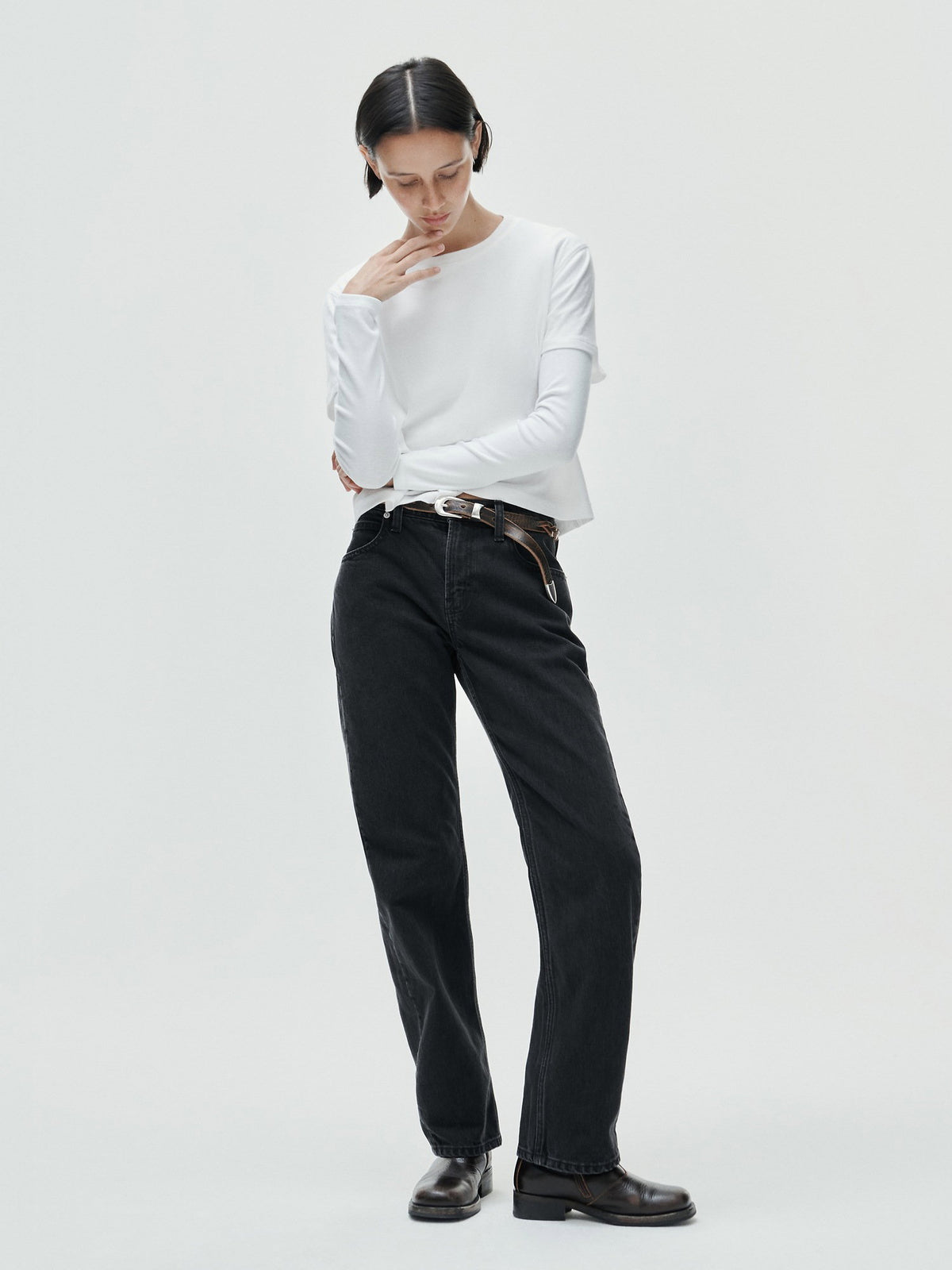 Siyah Mid Rise Straight Taper Jean Pantolon