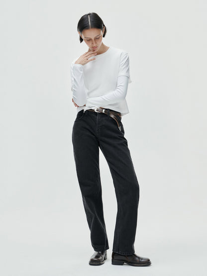 Siyah Mid Rise Straight Taper Jean Pantolon