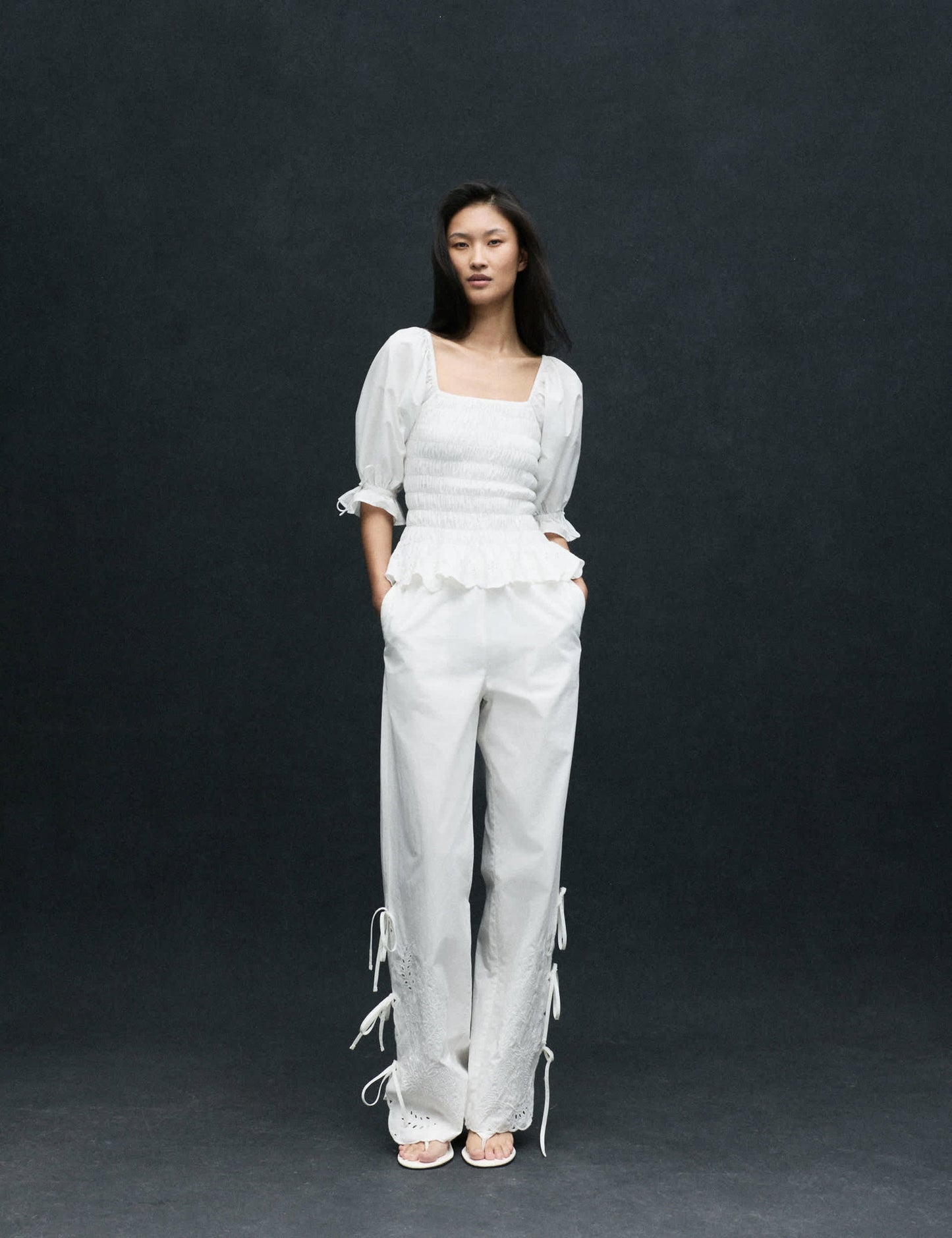 Saf Pamuklu Nakışlı Bağlama Detaylı Wide Leg Pantolon