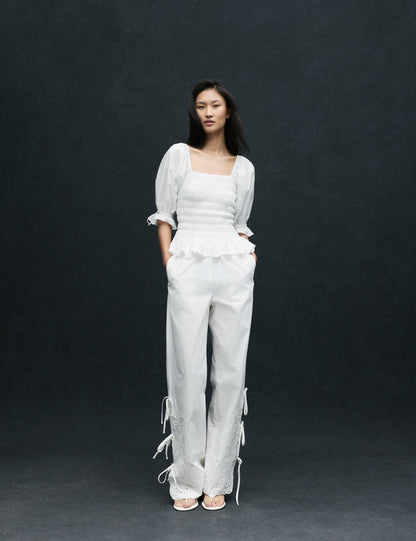 Saf Pamuklu Nakışlı Bağlama Detaylı Wide Leg Pantolon