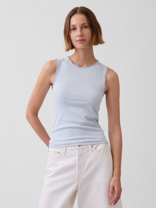 Açık Mavi Gingham Pointelle Shell Kolsuz Bluz