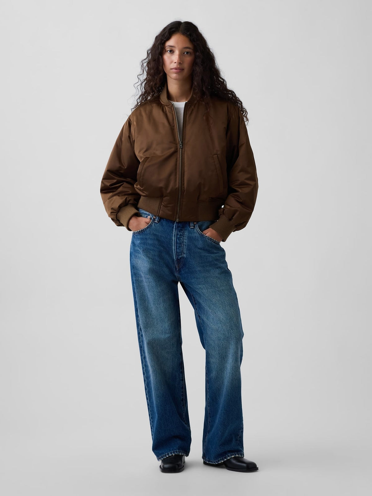 Kahverengi Padded Saten Bomber Ceket