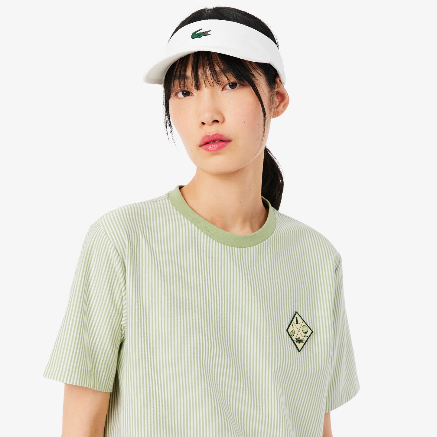 Lacoste Kadın Regular Fit Bisiklet Yaka Çizgili Yeşil T-shirt