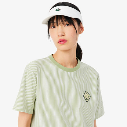 Lacoste Kadın Regular Fit Bisiklet Yaka Çizgili Yeşil T-shirt