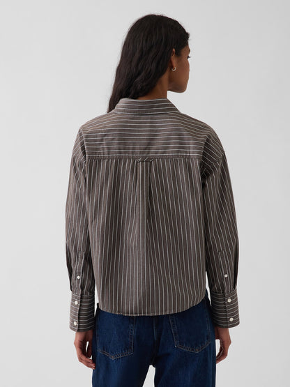 Kahverengi Organik Pamuk Poplin Oversized Crop Gömlek